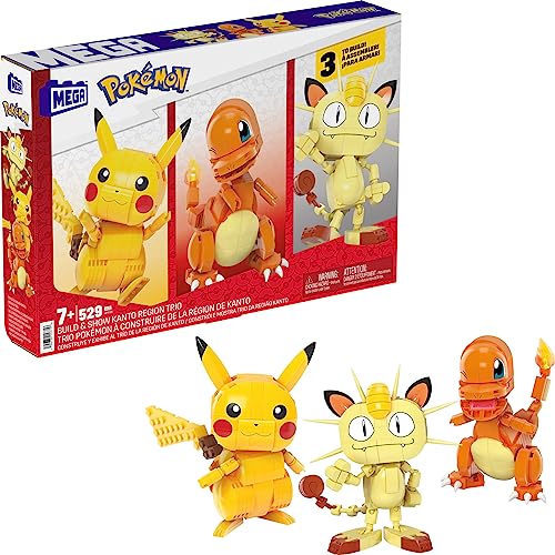 MEGA Pokemon Actionfigur Bauspielzeug für Kinder, Kanto Region Trio mit 529 Teilen, baubarer und beweglicher Pikachu Charmander Meowth
