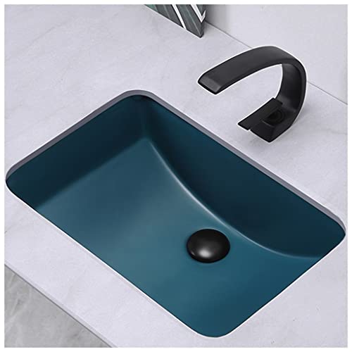 Mattblaues Keramik-Unterbauwaschbecken, rechteckiges Waschtisch-Waschbecken, Badezimmerwaschbecken mit Wasserhahn und Ablaufgarnitur