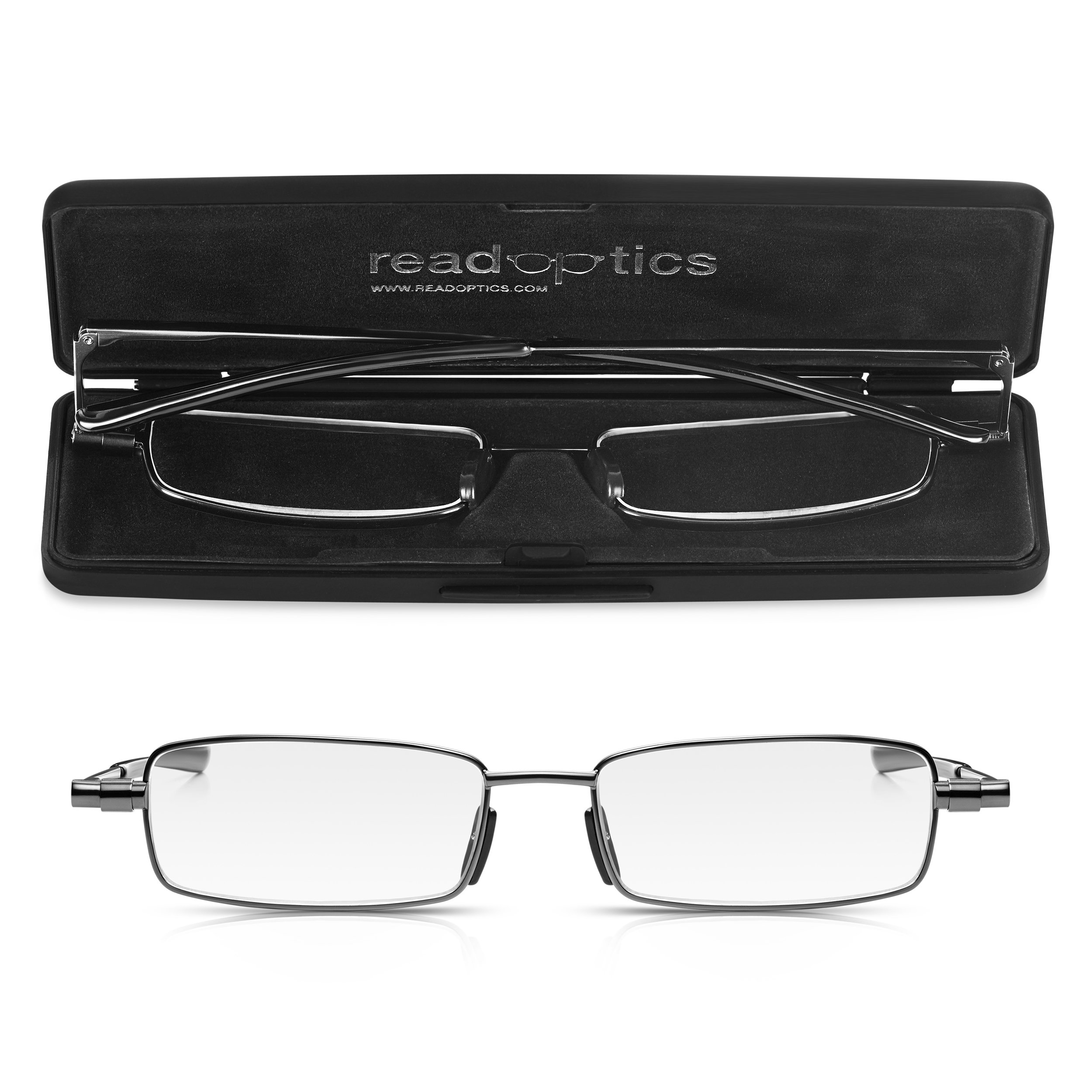 Flache klappbare Brille +2,5. Stilvolle, nicht verschreibungspflichtige Lesebrille für Damen und Herren, einfach klappbar, mit schwarzem Schutzetui. Read Optics
