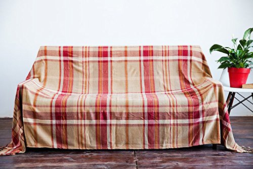 Sofaüberwurf, Möbelschutzdecke aus Chenille-Jacquard mit Fransen, mediterraner Stil, Decke für alle Jahreszeiten, Red Grid, 150*190CM