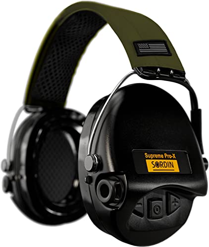 Sordin Supreme Pro-X Gehörschutz - aktiver Kapsel-Gehörschützer - grünes Kopfband mit US-Flagge - schwarze Kapseln