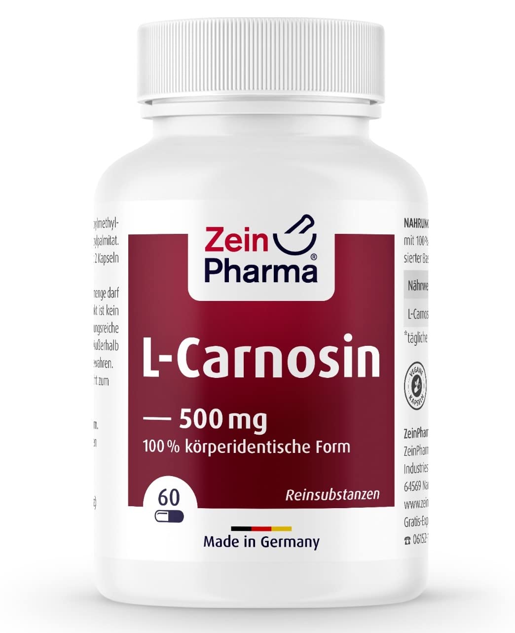 ZeinPharma L-Carnosin 500 mg 60 Kapseln – Nahrungsergänzungsmittel biologisch, 100% rein, GMO-frei, laborgeprüft, Reinsubstanz