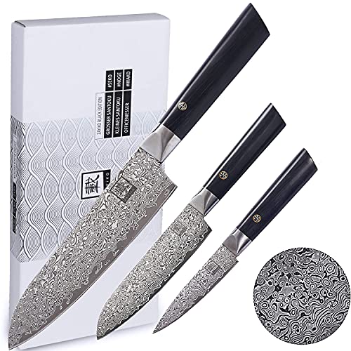 Zayiko Damastmesser Santokumesser Black Edition - sehr hochwertiges Profi Messer mit Pakka Griff mit schwarzer Damast Klinge, mit Holzbox, Damastmesser Santokumesser, Damastküchenmesser, exklusive (3er Messer Set)