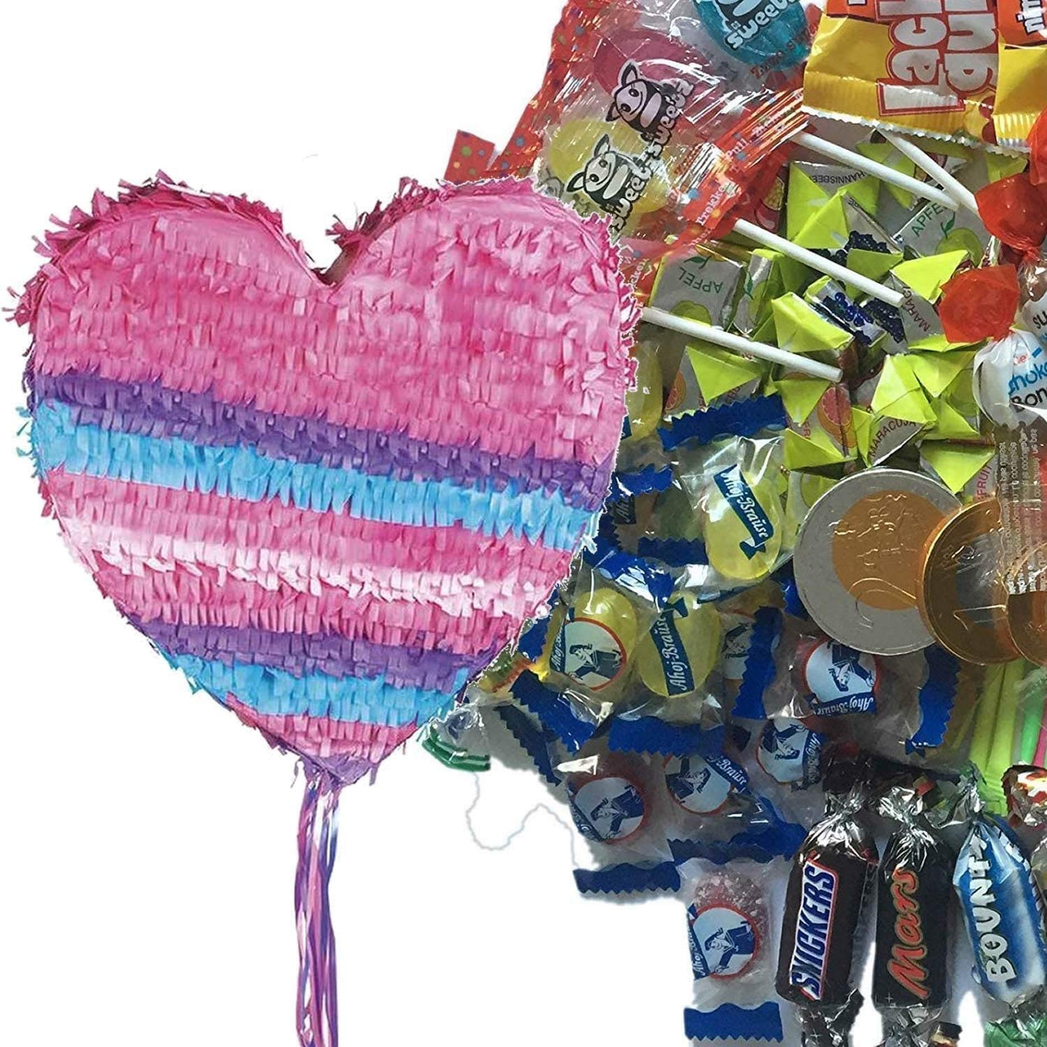 Pinata-Set * HERZ * mit großer Piñata + 100-teiliges Süßigkeiten-Füllung No.1 von Carpeta | Zugpinata für bis zu 15 Gäste | Party Liebe Valentinstag