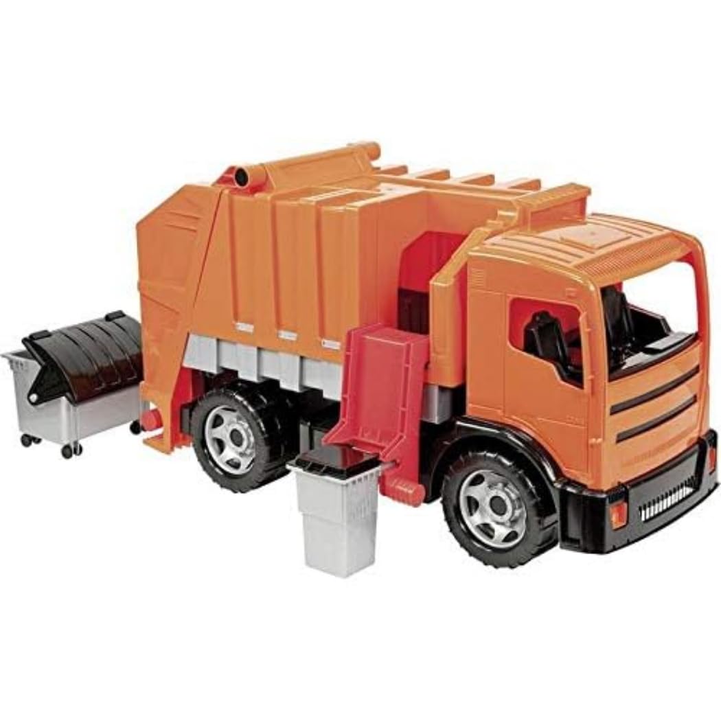 LENA Riesen GIGA Trucks ca. 72 cm, Achsen und 2 Mülltonnen, orange Müllwagen, Spielzeugauto für Kinder ab 3 Jahren, 2166, Mehrfarbig