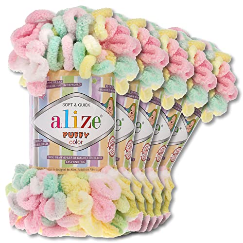 Wohnkult Alize 5x100 g Puffy Color Premium Wolle 26 Farbkombinationen Chenille Handarbeit Stricken und Häkeln ohne Hilfsmittel Smart Yarn (5862)