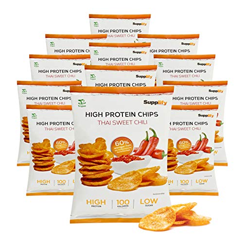 Supplify Protein Chips (Thai Sweet Chili, Vegan) - Eiweiß Snack zum Abnehmen oder Muskelaufbau - die leckere Alternative zu Protein-Pulver oder -Riegel (12x50g)