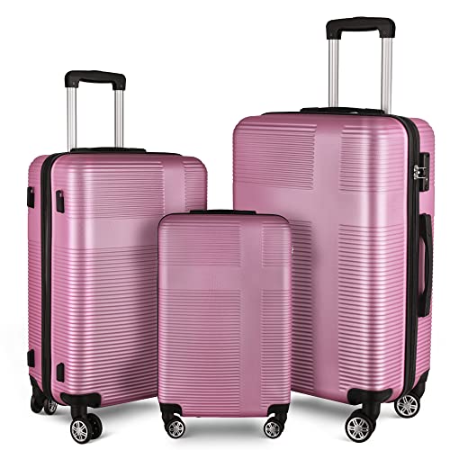 SPOFLYINN 3-teiliges Gepäck-Set mit TSA-Schloss, strapazierfähiges, leichtes Kreuzstreifen-Koffer, Hartschalen-Gepäck-Set mit Haken und 360-Grad-Drehrädern (50,8 cm/61 cm/71,1 cm), Rosa, wie