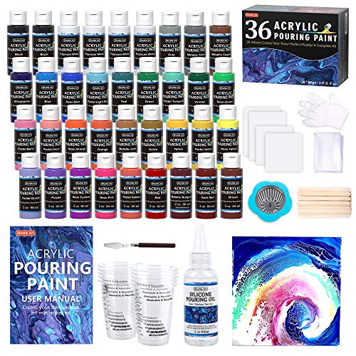 Pouring Acrylfarben (Acrylic Pouring Paint), Shuttle Art 36 Gießfarben Set in Flaschen (je 60ml) mit Leinwänden, Silikonöl, Messbecher, Plastiktischdecken, Sieb, Spachtel, Malstäbe