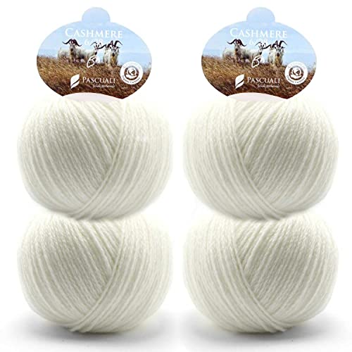 4 Knäuel Pascuali Bio Cashmere 6/28. Strickwolle aus 100% Kaschmirwolle (Bio) Wolle zum Stricken und Häkeln, Farbe:Weiß 08