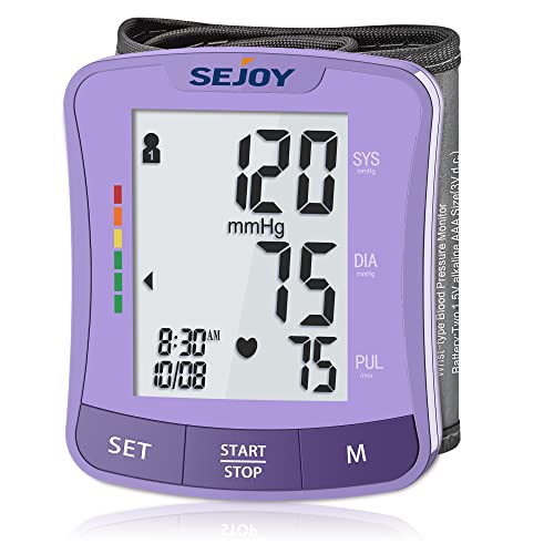 Sejoy Blutdruckmessgerät Handgelenk, Blutdruckmessgeräte Digitale automatische Blutdruckmanschette überwacht lila mit unregelmäßiger Herzschlagerkennung Großes Display 120 Speicher, inklusive Batterie