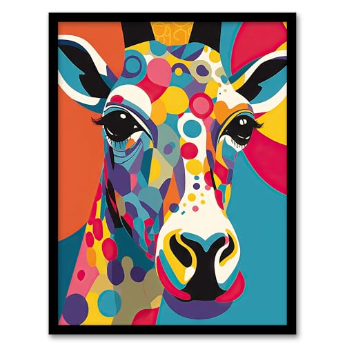 Colourful Giraffe Graphic Artwork Zoo Animal Geometric Patterns and Shapes Kids Bedroom Painting Artwork Framed Wall Art Print A4