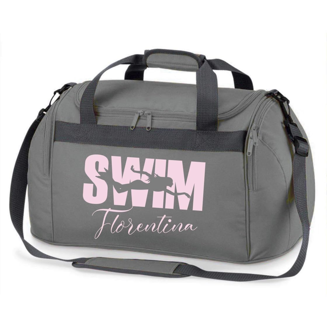 minimutz Sporttasche Schwimmen für Kinder - Personalisierbar mit Name - Schwimmtasche Swim Duffle Bag für Mädchen und Jungen (grau)
