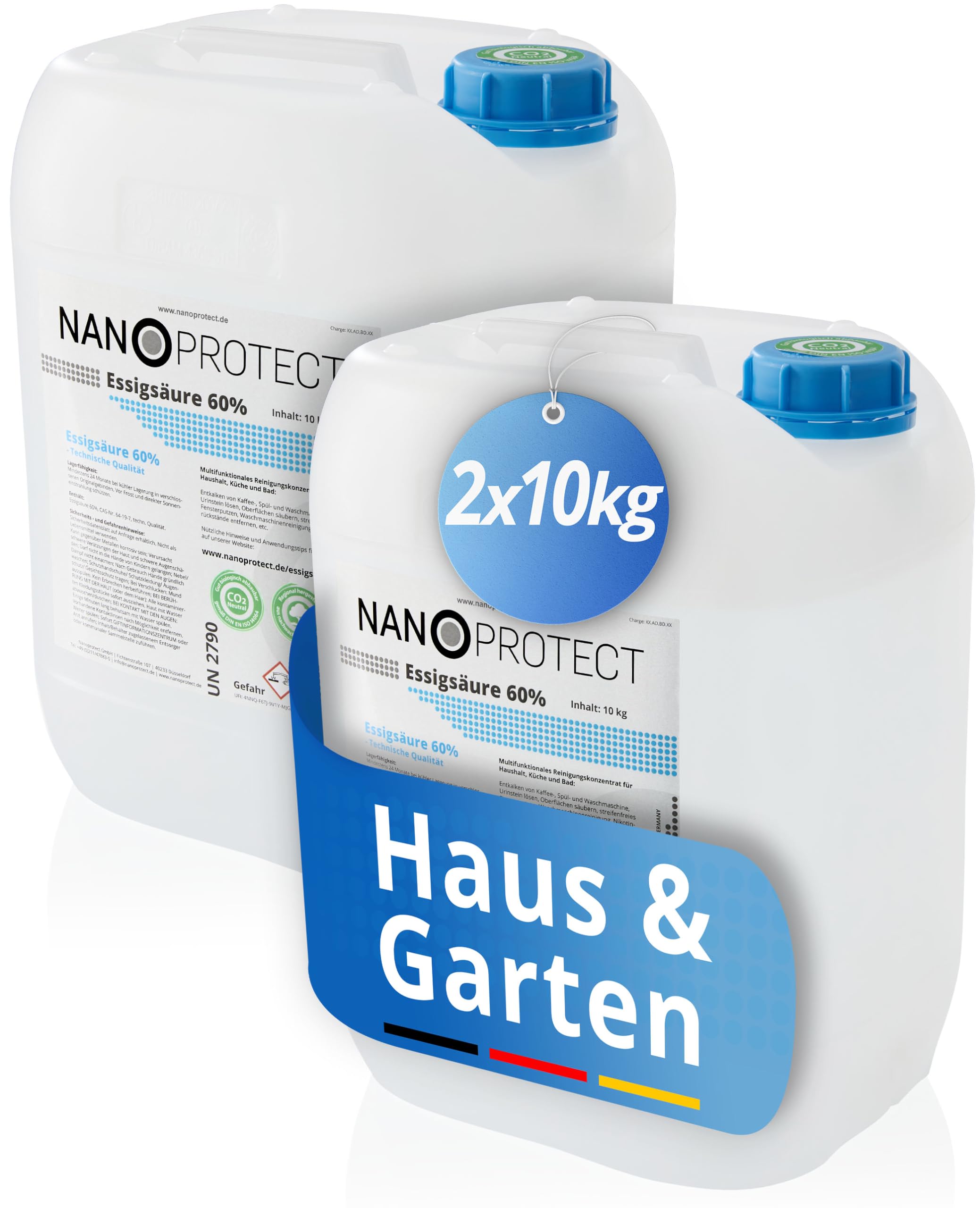 Nanoprotect Essigsäure 60% | 2 x 10 kg | Klimaneutral | Ideal als Reiniger und Entkalker | Für Haus und Garten | Premium Qualität – Made in Germany