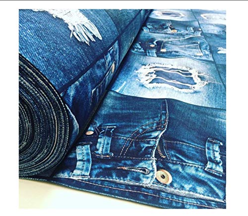 LushFabric Denim Jeans Effekt Stoff für Innendekoration, Vorhänge – Blau Denim Patchwork Baumwolle Material – Jeans Print Denim Canvas – 280 cm Extra breit (Meterware), blau, per METRE