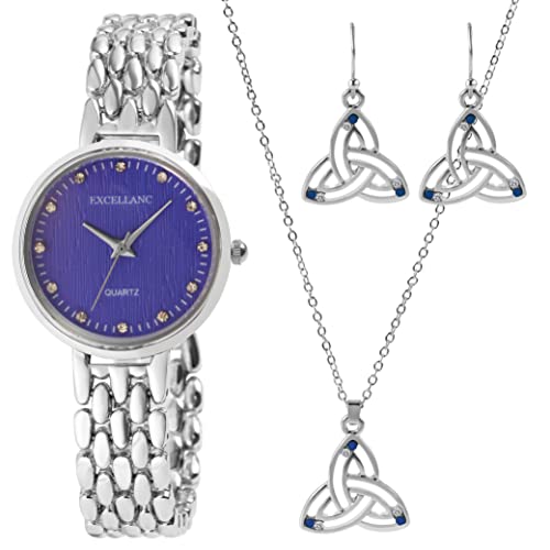 Excellanc Damen-Geschenkset Uhr Kette Anhänger Ohrstecker Analog Quarz 1800231 (silberfarbig blau)