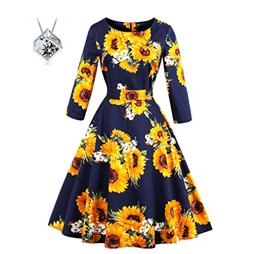 Damen 1950er Vintage Elegante Sonnenblume Druckkleid Kleider Hepburn Stil Rockabilly Cocktail Petticoat Festliche Swing Kleid (XXL, Dunkelblau)