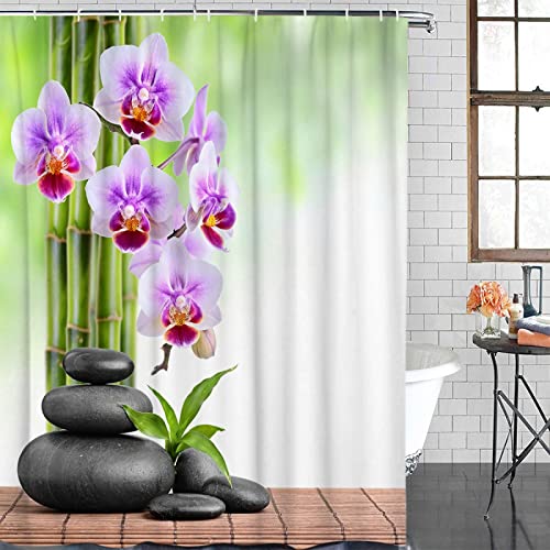 KEPPD Bambus-Orchideen-Zen-Duschvorhang, wasserdichter Badezimmer-Duschvorhang mit Hakenzubehör, Badezimmerzubehör, schnell trocknend, XXL, 170 x 170 cm (67 x 67 Zoll), Duschvorhang