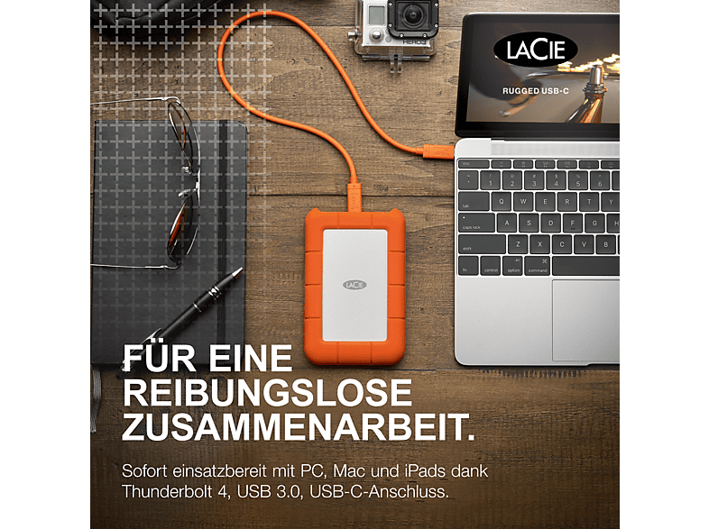 LACIE Rugged USB-C Festplatte, 5 TB HDD, 2,5 Zoll, extern, Silber/Orange 2
