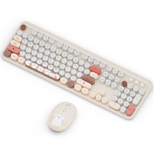 Kabellose Tastatur-Maus-Kombination, bunte Maus und Tastatur-Kombination, 104 Tasten, niedliche kabellose Tastatur mit Nummernblock für Windows, Computer, PC, Notebook, Laptop (braun)