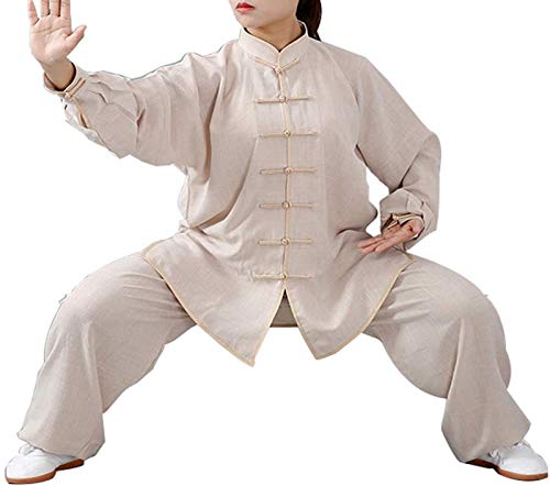 Tai Chi Anzug Herren,Baumwolle Und Leinen Tai Chi Kleidung Unisex Kampfsport Kleidung Kung Fu Kleidung Für Männer Und Frauen (EIN Set),Khaki-M