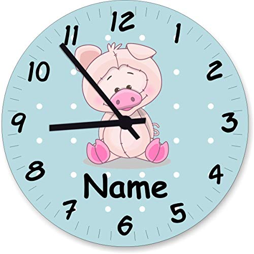 Shirtinstyle Wanduhr Kinderzimmer Wanduhr Schwein mit Wunschnamen Geschenk Uhr Kinder Handmade, 29cm, Pastellblau