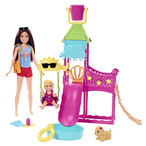 Barbie HKD80 - Spielset mit Skipper-Puppe und Wasserpark mit funktionierender Wasserrutsche, Welpen-Wasserspritzspielzeug, mehr als 5 Zubehörteile und mehr, Puppen Spielzeug ab 3 Jahren