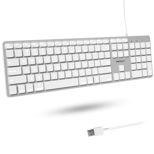 Macally Mac-Tastatur mit Hintergrundbeleuchtung, kabelgebunden – leise, schlank und funktionell – weiße LEDs, 3 Helligkeitsstufen, 107 Tasten, 16 Tastenkombinationen – 1,5 m lange USB-Tastatur für Mac