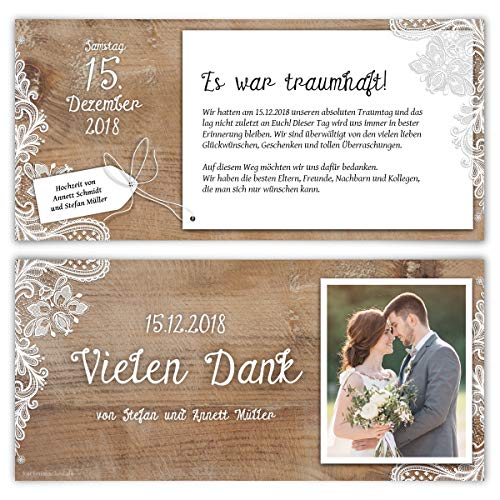 60 x Hochzeit Dankeskarten Danksagungskarten individuell mit Ihrem Text und Foto DIN Lang 99 x 210 mm - Rustikal mit weißer Spitze