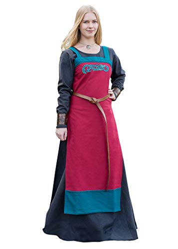 Battle-Merchant Wikinger Trägerkleid Hilja mit Stickerei | mittelalterliches Schürzenkleid für Damen | LARP Gewandung aus Baumwolle | Größen S-XXL blau/senfgelb oder rot/Petrol (rot, L)
