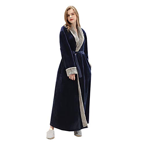 VKTY Flanell-Bademantel, Schalkragen, Fleece, für den Winter, leicht, warm, bequem, langer Kimono, für Erwachsene (Marineblau/XL)
