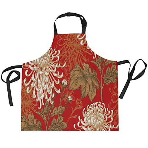 TropicalLife COZYhome Küchenschürze mit Taschen Retro Japanische Chrysanthemen Blumen Schürze Lätzchen für Damen Herren Kochen Backen Restaurant Café Kellner Schürzen mit verstellbarem Hals
