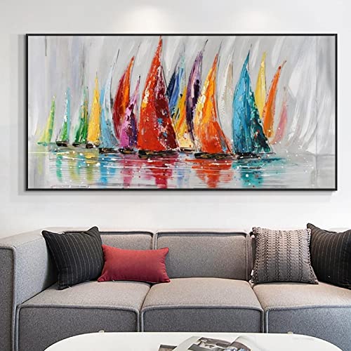 Rumlly Abstraktes buntes Segelboot-Ölgemälde auf Leinwand, Gemälde, Poster und Druck, Wandkunst für Wohnzimmer, 40 x 80 cm, rahmenlos