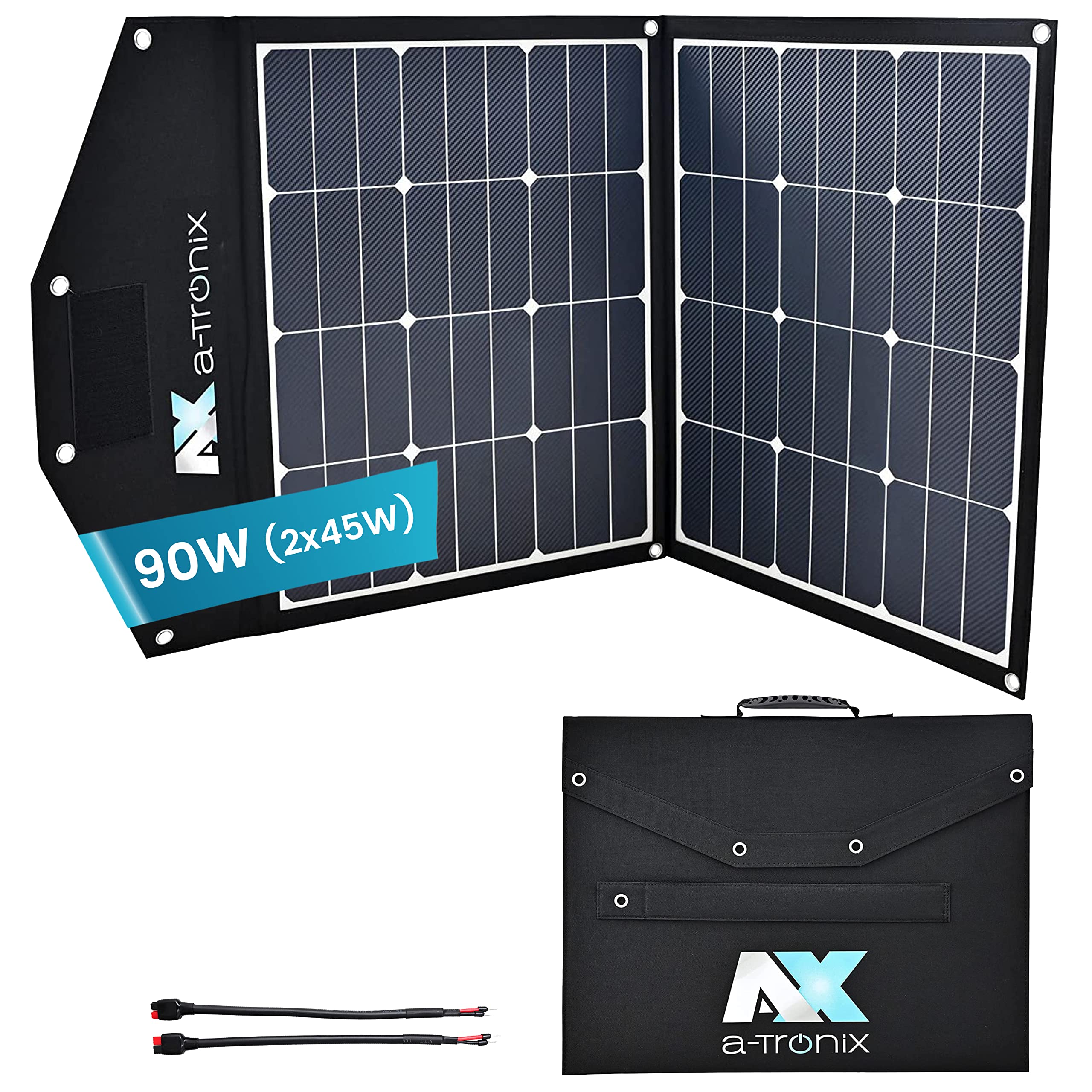 a-TroniX® 90W Solartasche, 2x45W faltbares Solarpanel für Outdoor-Einsatz, Camping, Wohnmobil und Boote, Solarmodul faltbar und wasserabweisend zum Anschluss an Solarladeregler oder Powerstation