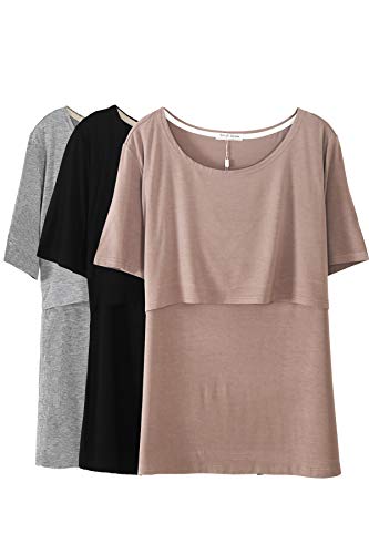 Smallshow Stillshirt Umstandstop T-Shirt Überlagertes Design Umstandsshirt Schwangerschaft Kleidung Mutterschafts Kurzarm Shirt,Brown/Black/Grey,2XL