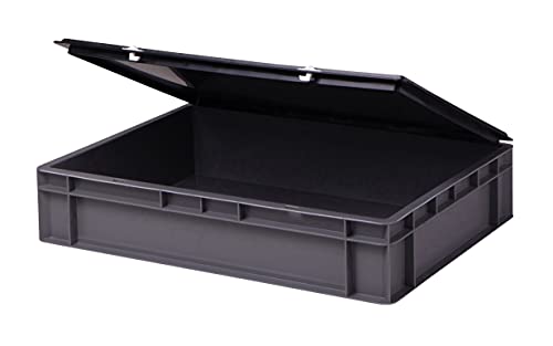 Stabile Profi Aufbewahrungsbox Stapelbox Eurobox Stapelkiste mit Deckel, Kunststoffkiste lieferbar in 5 Farben und 21 Größen für Industrie, Gewerbe, Haushalt (grau, 60x40x13 cm)