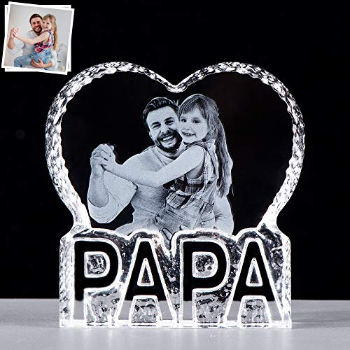 2D Personalisierte Lasergravur Foto Weihnachten Geschenk für Papa, Vatertag Geschenk von Tochter, Geburtstag Geschenk für Papa ihn, Kristall PAPA Herzform Andenken