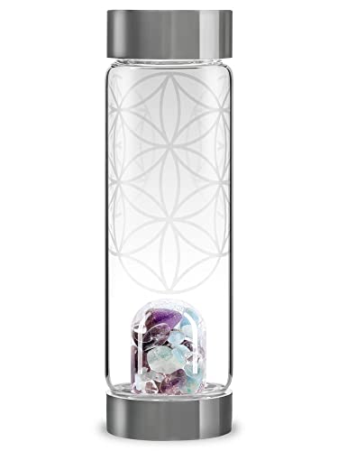 VitaJuwel ViA FLOWER OF LIFE - Wasserflasche mit Amethyst, Aquamarin, Bergkristall & hochwertigem Blume des Lebens Muster