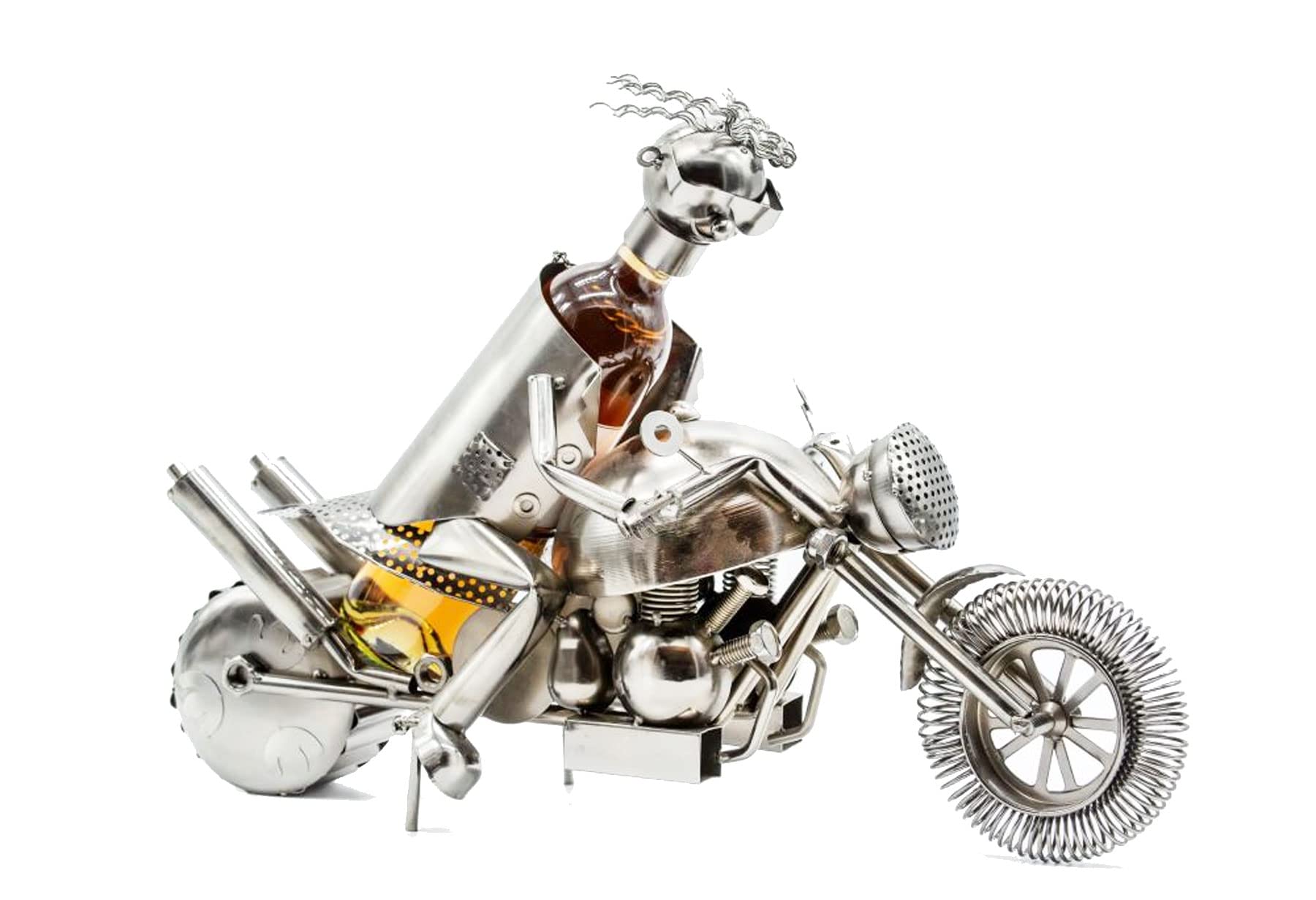 hLine Gigant Flaschenhalter Motorrad mit Fahrer aus Metall 54 cm edles Geschenk, Silber
