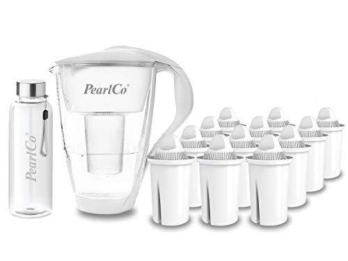 PearlCo - Glas-Wasserfilter (weiß) mit 12 Universal classic Filterkartuschen + 1 Trinkflasche aus Glas