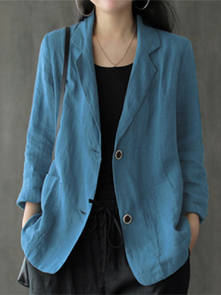 Frauen 100% Baumwolle einfarbig Knopf vorne Business dünner All-Match Blazer mit Tasche