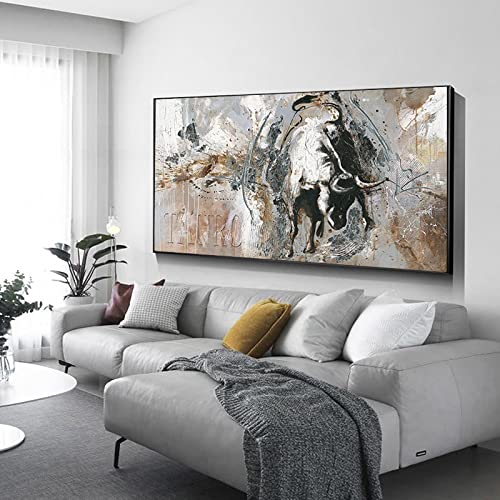 Rushing Bullfight Poster Stier Übergroße Wandkunst Leinwand Gemälde Abstrakter Stier Kunstdruck Modernes Wohnzimmerdekor 70x140cm(28x55in) mit Rahmen