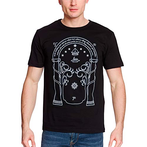 Elbenwald T-Shirt mit großem Türen von Durin Frontprint und Glow in The Dark Effekt für Herr der Ringe Fans Herrenshirt Baumwolle schwarz - L