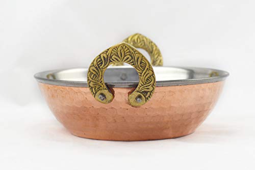 Hostelnovo - Schüssel mit Griffen für Indien - Bowl Karahi - Kupfer gehämmert aus Edelstahl - Griffe mit Hufeisenform in Miniatur - Indisches Geschirr - 15 x 5,5 cm
