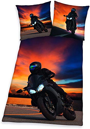 Bettwäsche glatt Motorrad Biker Rennen Maschine Sonnenuntergang 135 x 200 cm 80 x 80 cm 100 % Baumwolle NEU Wow - All-In-One-Outlet-24 -