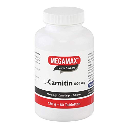 Megamax L-Carnitin 1.000 mg (l-carnitine, carnipure). Körpereigenes L-Carnitin unterstützt die Energiefreisetzung im Fettstoffwechsel. Inhalt: 60 Tabletten à 1.000 mg L-Carnitin (180 g)
