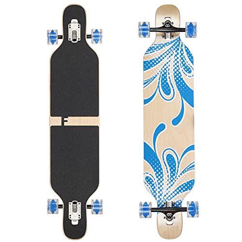 FunTomia Longboard Skateboard Drop Through Cruiser Komplettboard mit Mach1 High Speed Kugellager T-Tool mit und ohne LED Rollen (Flex-3 von 25 bis 60kg - Farbe blau Blume LED)
