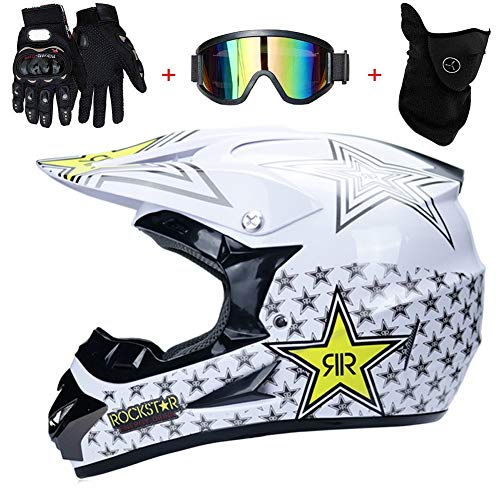 AMITD Fullface Motocross Helm mit Brille Handschuhe Maske, Adult Motorradhelm Cross Helme Mountainbike Off Road MTB Cross-Country-Helm ATV für Herren Damen, White, M