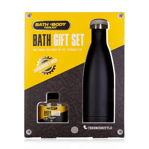 Accentra BATH + BODY TOOLKIT Geschenk- set für Männer mit Thermoflasche aus Edelstahl - Pflegeset für Herren mit 140ml Bade- & Duschgel im coolen Design
