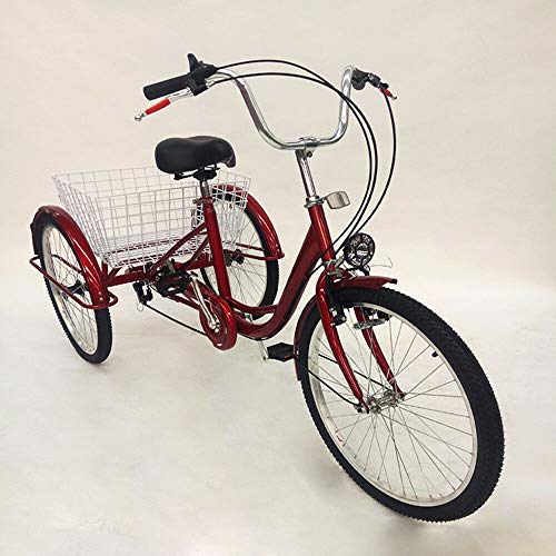 24" Dreirad für Erwachsene mit Einkaufskorb, 6 Geschwindigkeit 3 Rad Fahrrad Senioren Dreirad Cruise Bike, Comfort Fahrrad für Outdoor Sports Shopping (Rot)